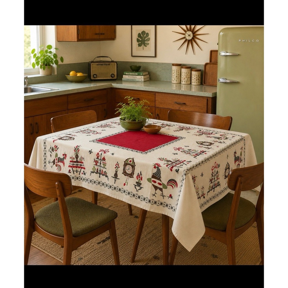 Vintage tablecloth.   Rooster.